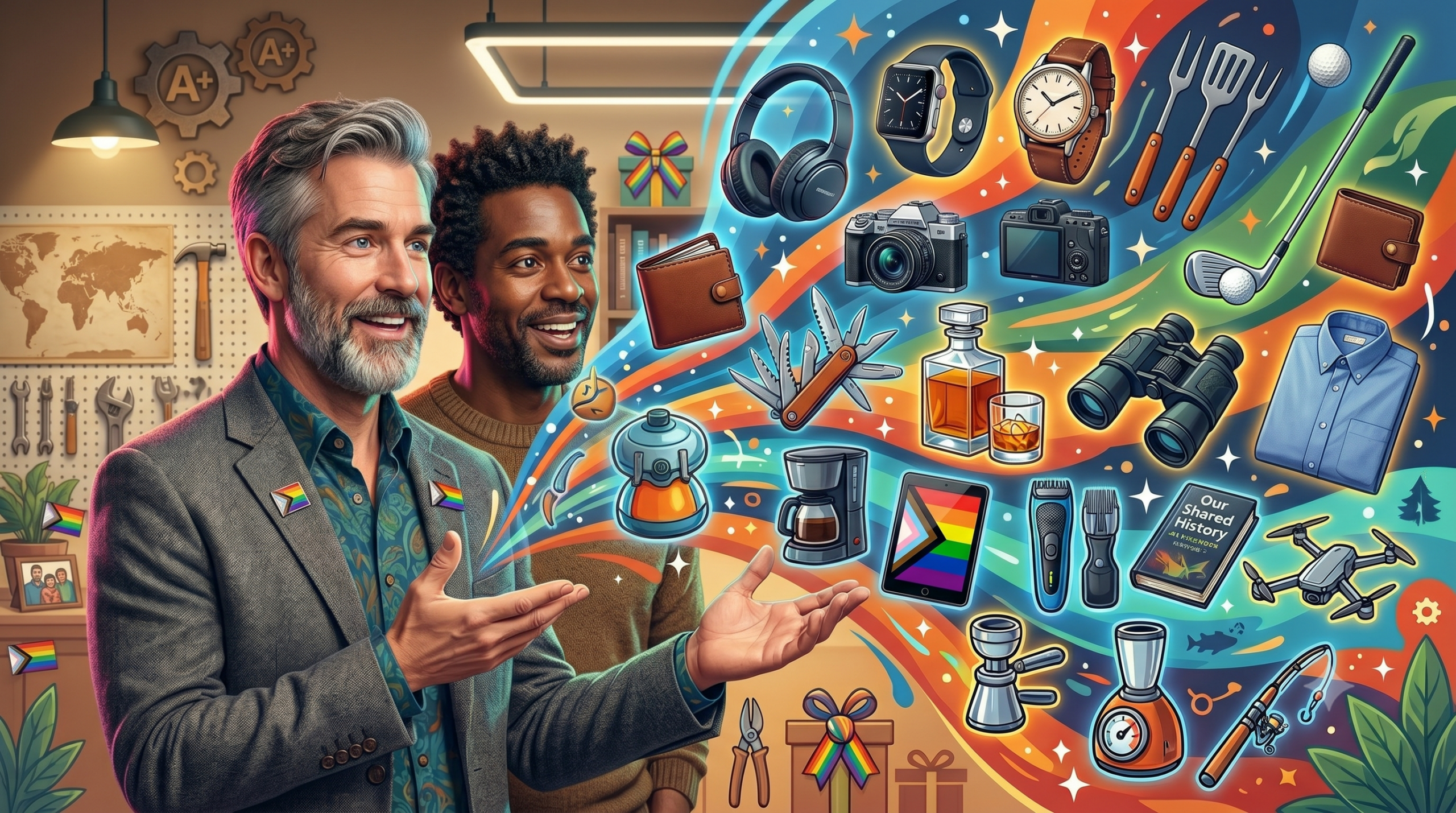 Gemini_Generated_Image_d8zxdyd8zxdyd8zx Two men in a workshop smile as a rainbow swirl of gadgets (watch, camera, headphones, tools) bursts from the right, symbolizing tech and celebration.