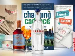 Collage of assorted consumer products including vodka bottles, cosmetics, and a central bottle, with a city book cover in the background.