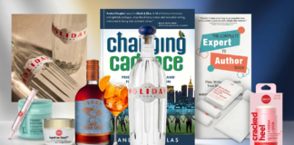 Collage of assorted consumer products including vodka bottles, cosmetics, and a central bottle, with a city book cover in the background.