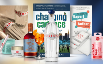 Collage of assorted consumer products including vodka bottles, cosmetics, and a central bottle, with a city book cover in the background.
