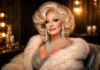 Elegant person with platinum blonde wig, sparkling jewelry, and a fur wrap sits in a warmly lit dressing room.