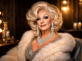Elegant person with platinum blonde wig, sparkling jewelry, and a fur wrap sits in a warmly lit dressing room.