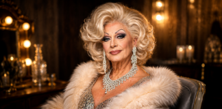 Elegant person with platinum blonde wig, sparkling jewelry, and a fur wrap sits in a warmly lit dressing room.