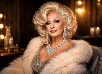Elegant person with platinum blonde wig, sparkling jewelry, and a fur wrap sits in a warmly lit dressing room.