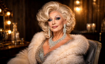 EPISODE 4: GRAND DAME – “Men Confess to Me After Midnight” Elegant person with platinum blonde wig, sparkling jewelry, and a fur wrap sits in a warmly lit dressing room.