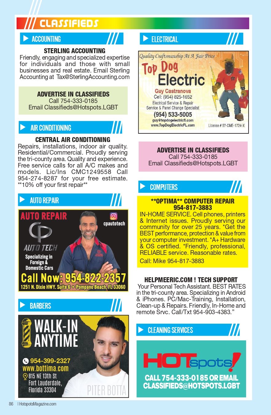 Colorful classified ads page layout with blue section headers for Accounting, Electrical, Air Conditioning, Barbers and Auto Repair.