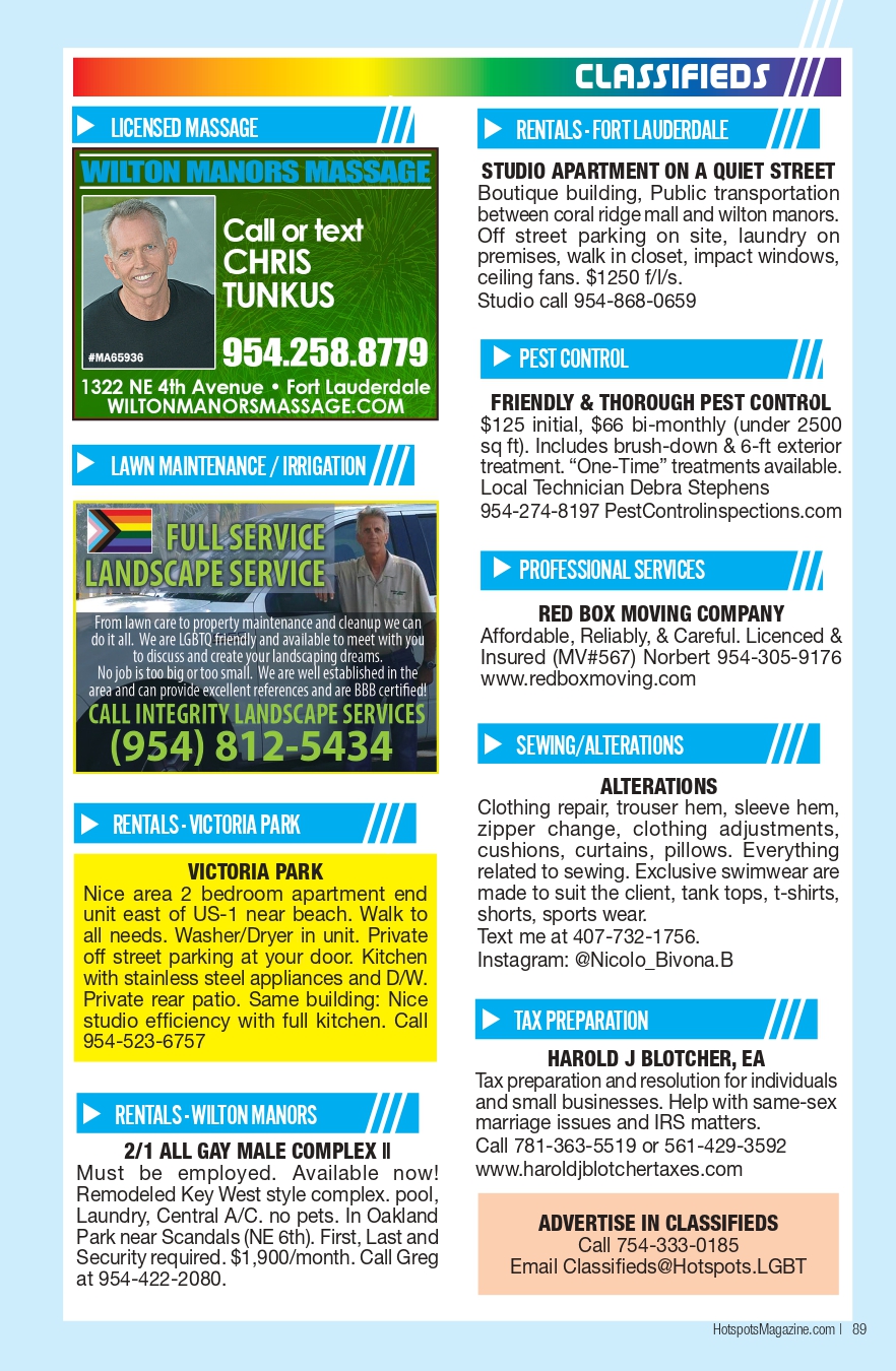 Bright classifieds page with a rainbow header and multiple ads (massage, landscaping, rentals, pest control, alterations, moving, tax prep) including photos and contact numbers.