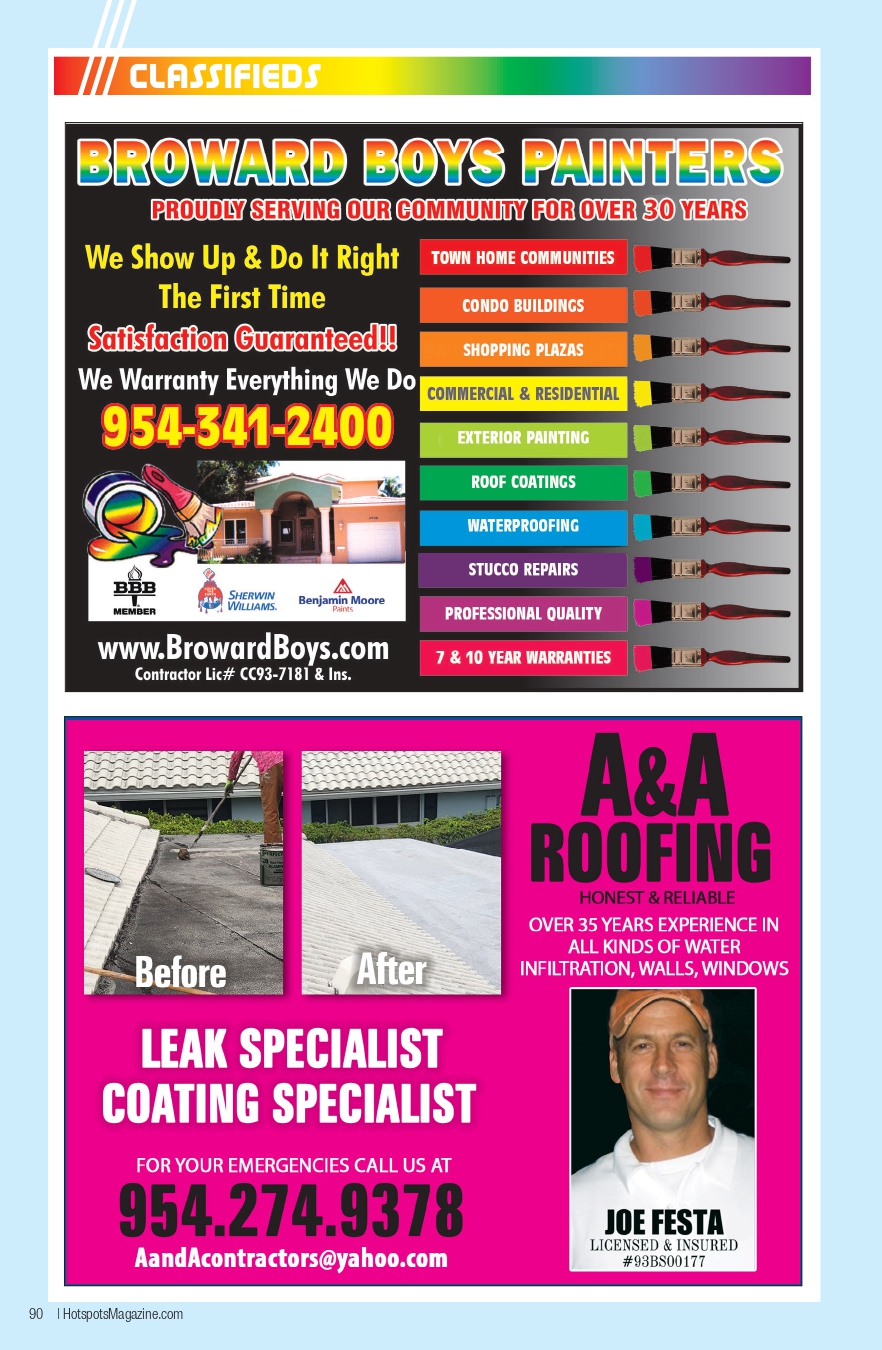Colorful ad page: Broward Boys Painters with list of services, large phone number 954-341-2400, and a separate A&A Roofing pink panel showing before/after roof photos and contact information.