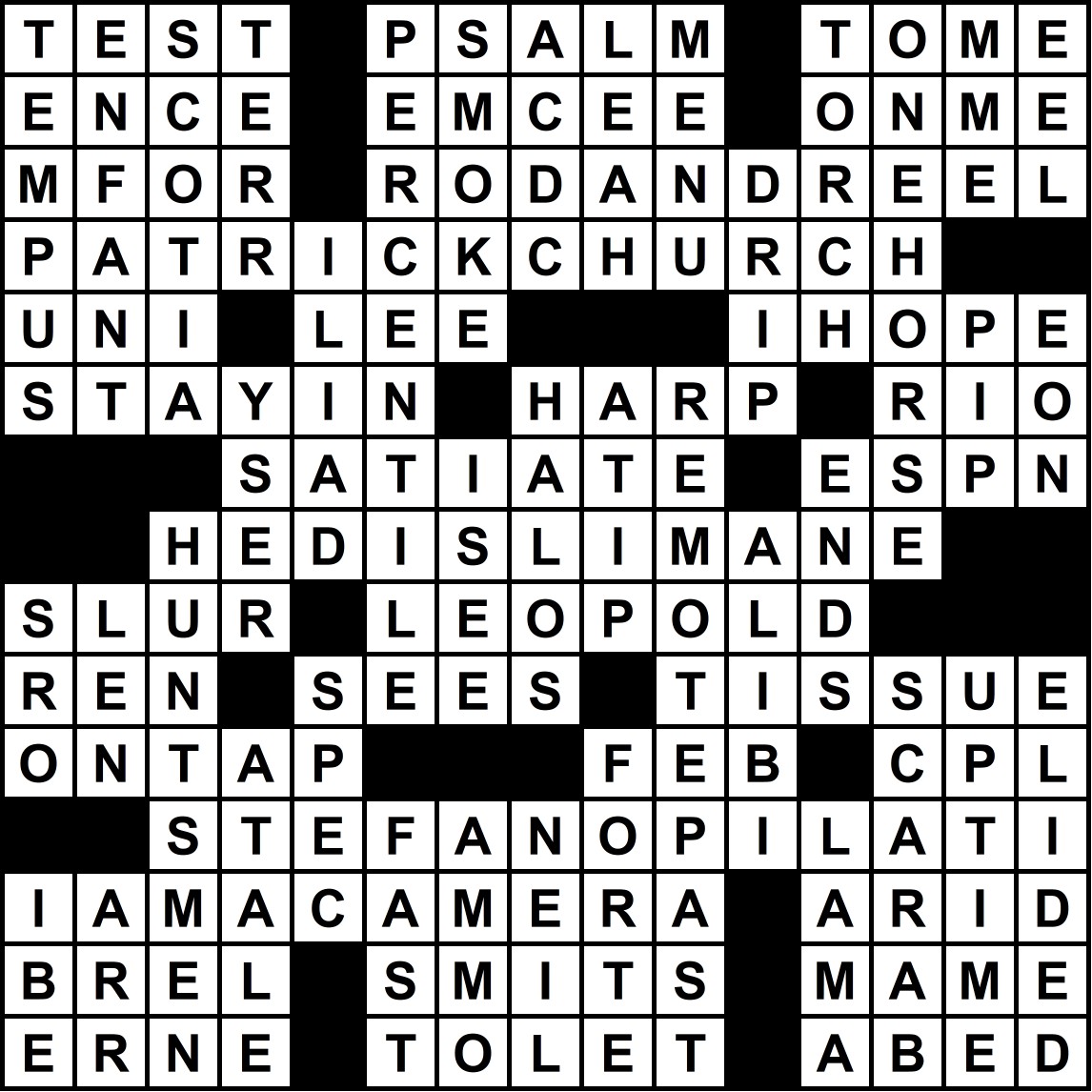 Completed crossword grid with black squares and filled letter tiles; forms words such as TEST, PSALM, TOME, and others across and down.