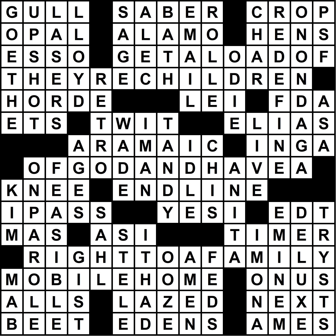 Completed crossword puzzle with black squares and letters in each cell.