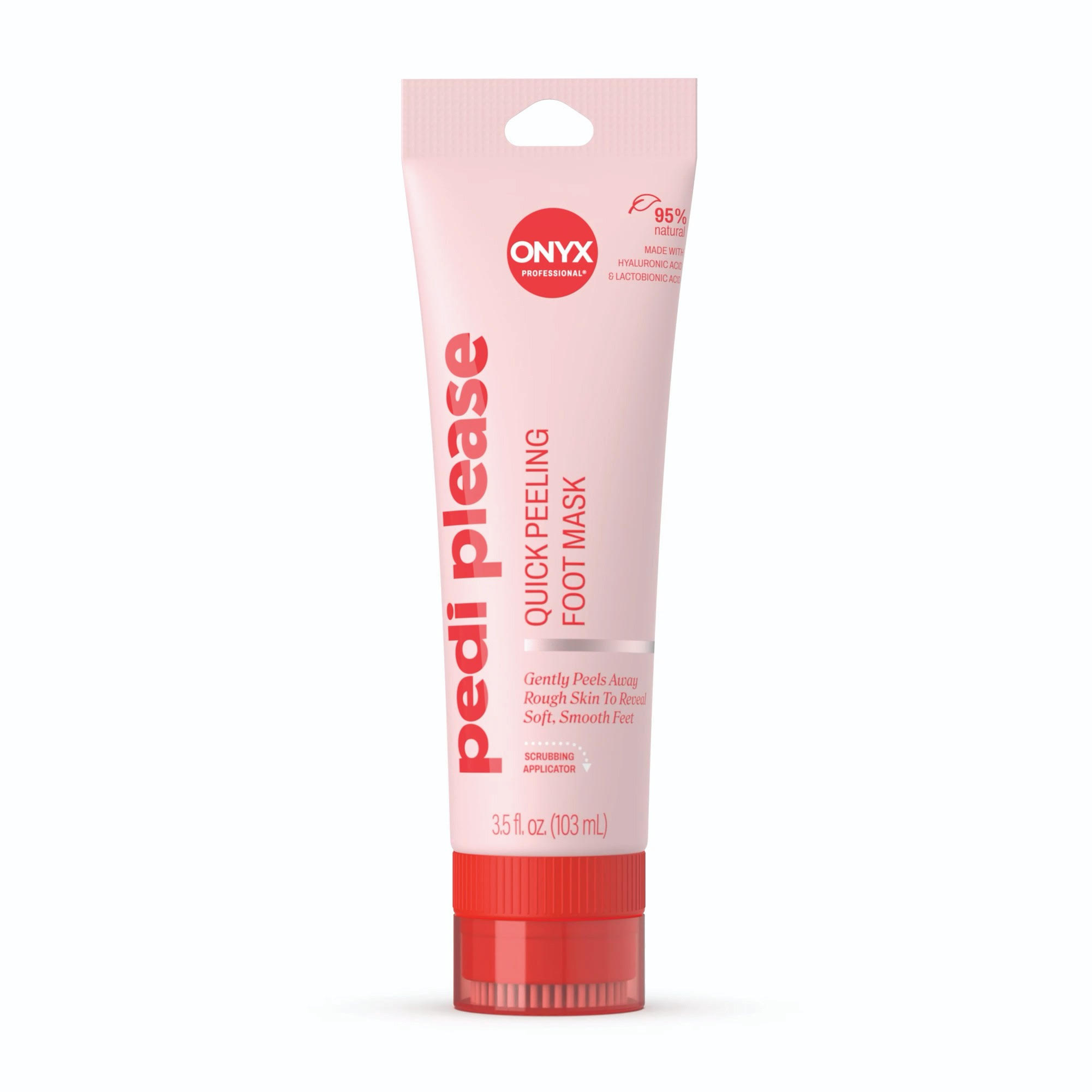 Pink squeeze tube of peeling foot mask with a red cap, featuring Onyx Professional branding and the words'PEELING FOOT MASK' on the side.