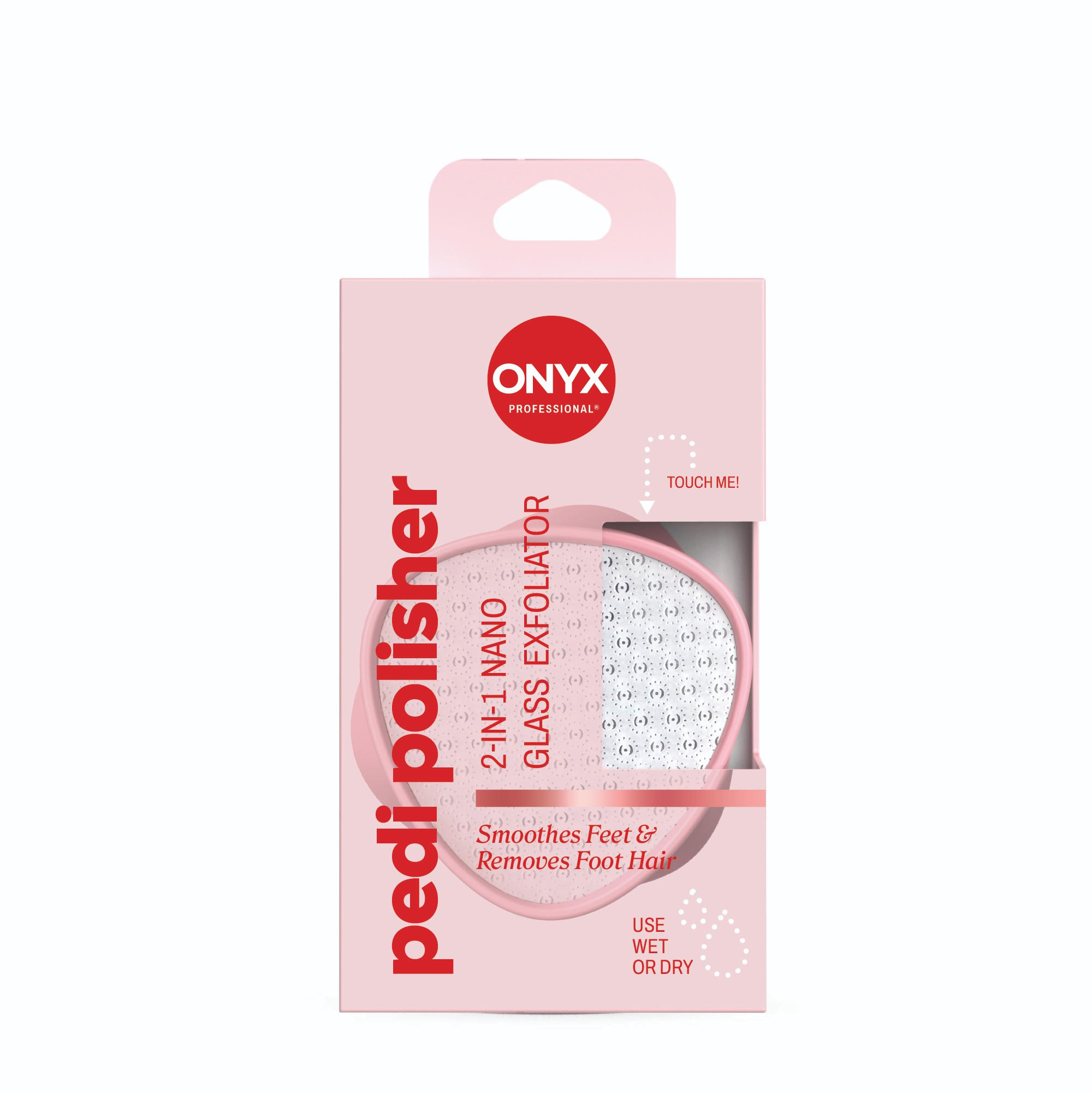 Pink cosmetic box with red Onyx logo and white text; reads'Smooths Feet & Removes Foot Hair' beside a circular pink device image.