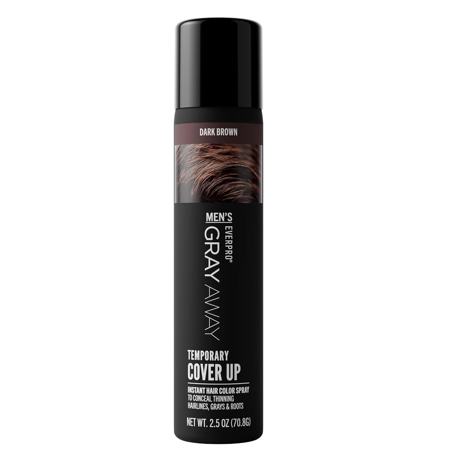 Permanent-looking? No—temporary hair color spray in dark brown for concealing thinning hair and roots, in a black bottle with bold white text.
