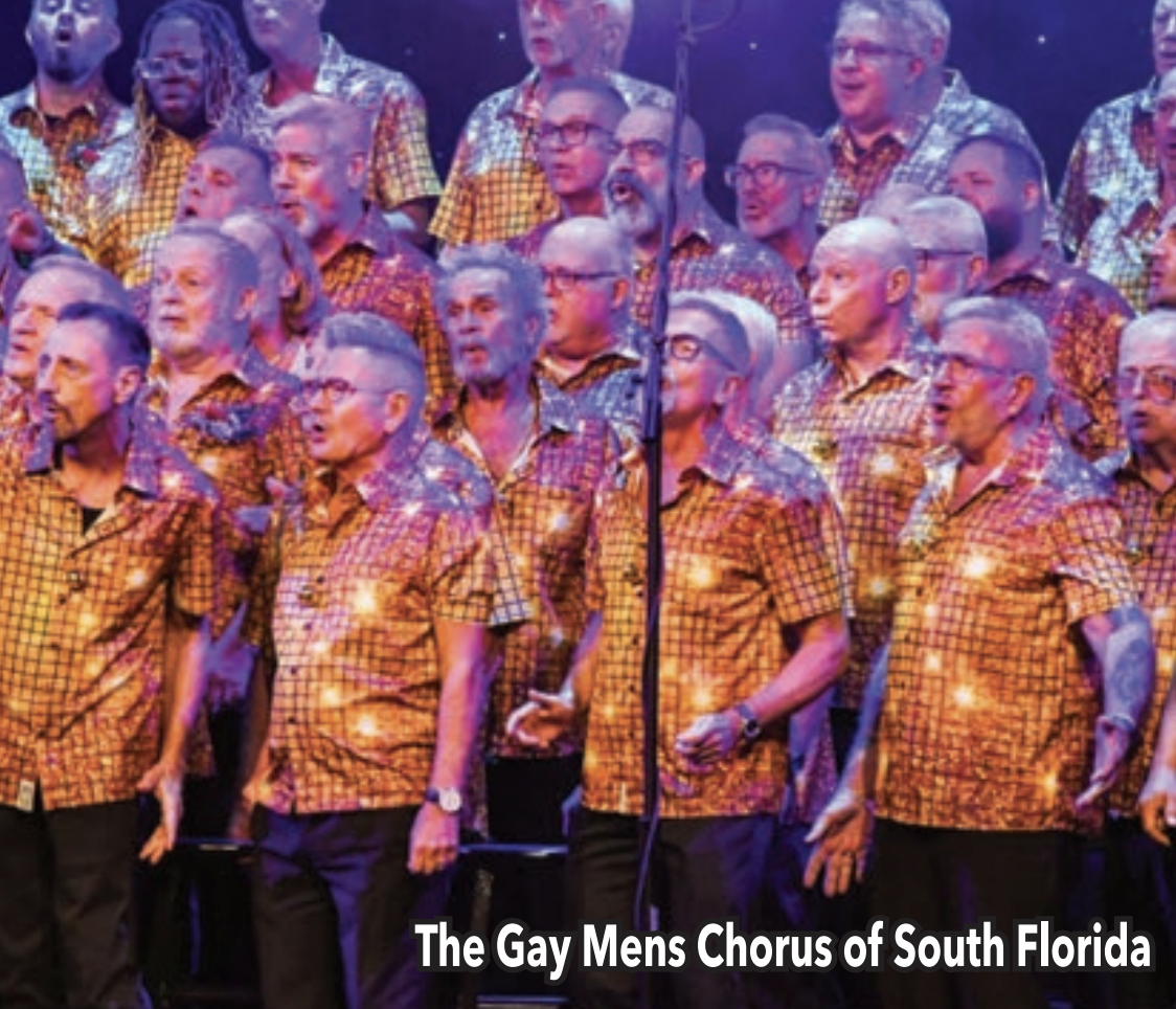 What’s Hot South Florida: June 19 – July 02 | Hotspots Magazine Hotspots Magazine Chorus group performing on stage wearing matching yellow patterned shirts under colorful lights; caption reads The Gay Mens Chorus of South Florida.