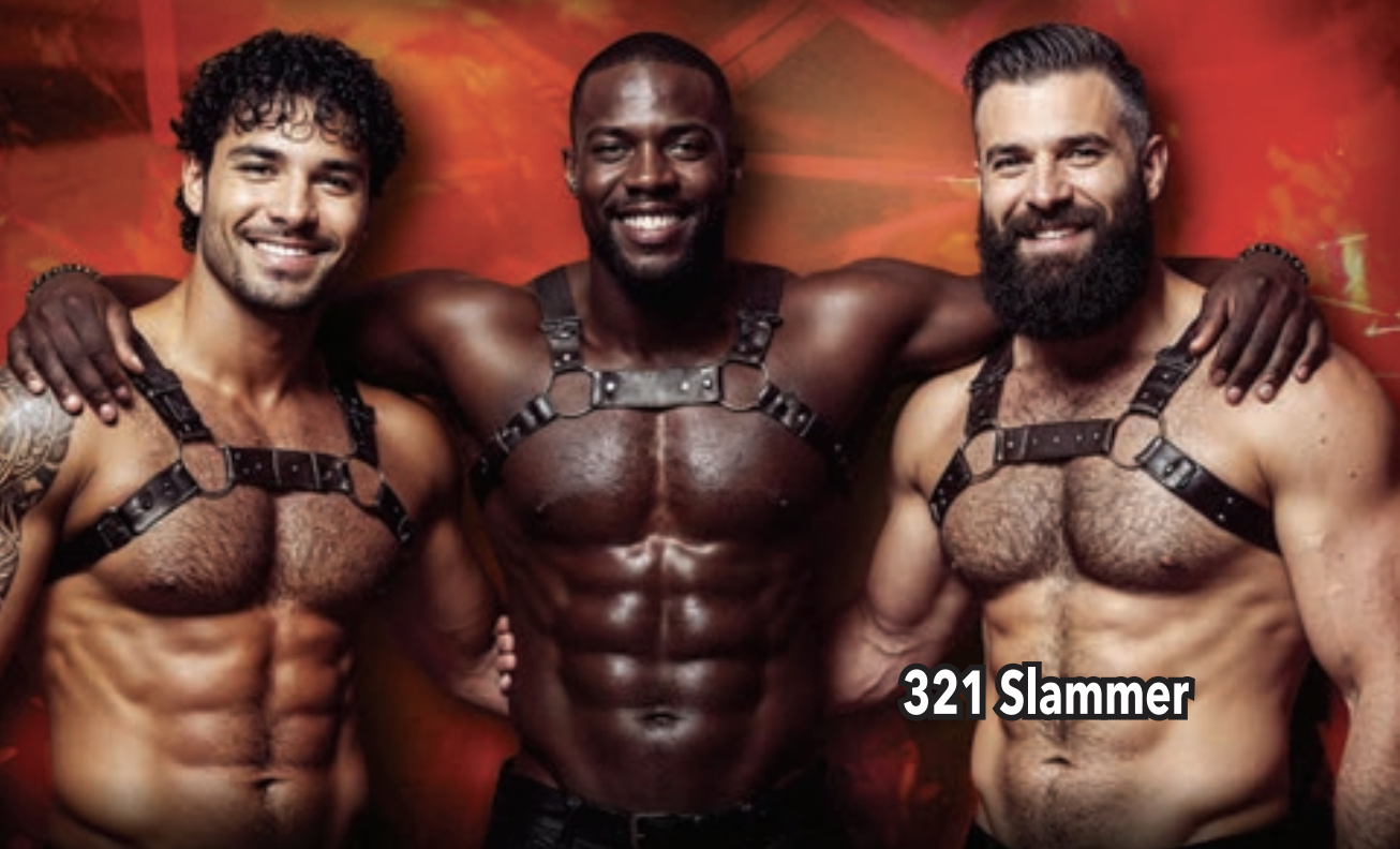 What’s Hot South Florida: June 19 – July 02 | Hotspots Magazine Hotspots Magazine Three muscular men in black leather harnesses pose together with a fiery red backdrop and the text '321 Slammer' overlaid.