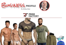 Promotional fitness collage with male models in athletic wear and gear, plus the 'Business Profile' header and Pride Factory logo.