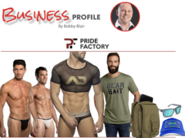 Promotional fitness collage with male models in athletic wear and gear, plus the 'Business Profile' header and Pride Factory logo.