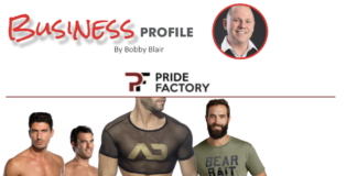 Promotional fitness collage with male models in athletic wear and gear, plus the 'Business Profile' header and Pride Factory logo.