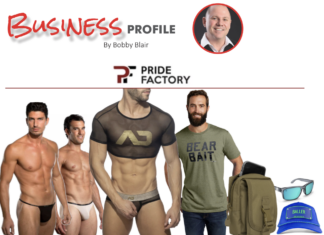 Promotional fitness collage with male models in athletic wear and gear, plus the 'Business Profile' header and Pride Factory logo.