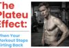 Split banner: left side shows large red headline 'The Plateau Effect:'; right side features a muscular shirtless man in a gym.