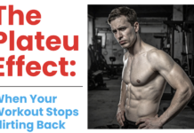 Split banner: left side shows large red headline 'The Plateau Effect:'; right side features a muscular shirtless man in a gym.