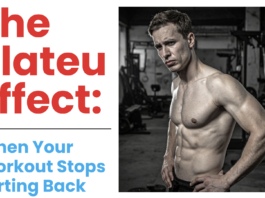 Split banner: left side shows large red headline 'The Plateau Effect:'; right side features a muscular shirtless man in a gym.