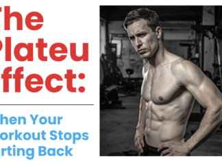 Split banner: left side shows large red headline 'The Plateau Effect:'; right side features a muscular shirtless man in a gym.