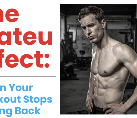 Split banner: left side shows large red headline 'The Plateau Effect:'; right side features a muscular shirtless man in a gym.