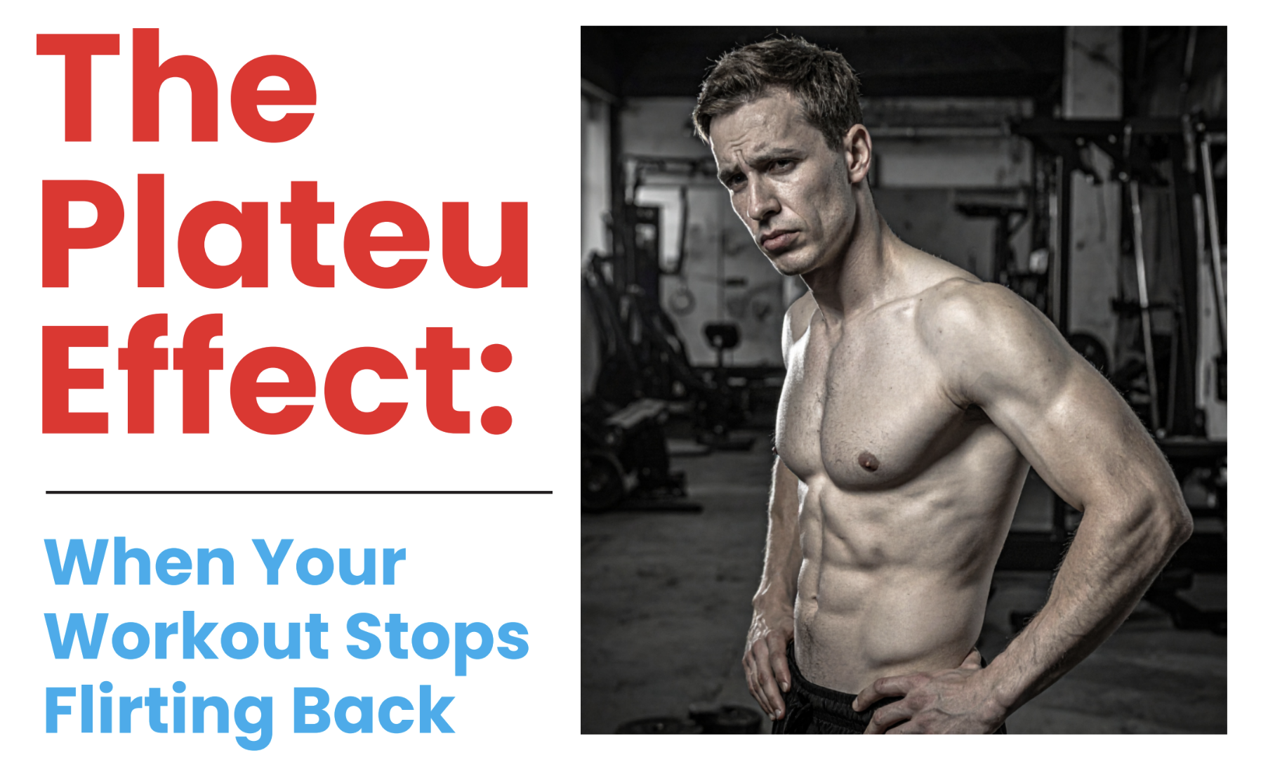Screenshot 2026-06-25 at 185909 Split banner: left side shows large red headline 'The Plateau Effect:'; right side features a muscular shirtless man in a gym.
