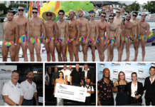 Group of men in rainbow-striped swimsuits posing shirtless on a dock with a boat and yellow-green balloons in the background