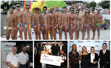 Group of men in rainbow-striped swimsuits posing shirtless on a dock with a boat and yellow-green balloons in the background