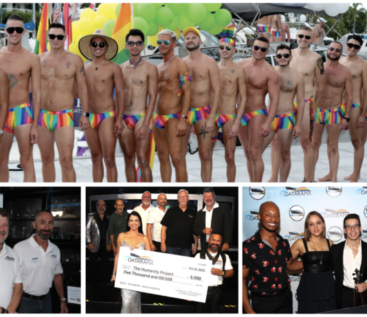 Group of men in rainbow-striped swimsuits posing shirtless on a dock with a boat and yellow-green balloons in the background