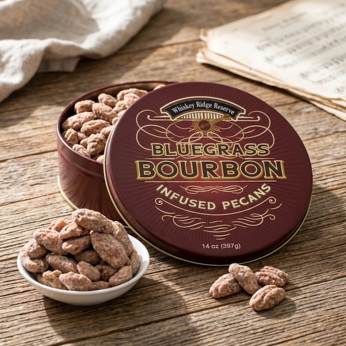 Round tin labeled Bluegrass Bourbon Infused Pecans on a wooden table, with loose pecans and a small white bowl nearby.