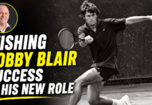 Wishing Bobby Blair Success in His New Role Black-and-white tennis action image with the bold headline 'WISHING BOBBY BLAIR SUCCESS IN HIS NEW ROLE' and a circular portrait of Bobby Blair in the top-left with a yellow border.