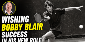 Black-and-white tennis action image with the bold headline 'WISHING BOBBY BLAIR SUCCESS IN HIS NEW ROLE' and a circular portrait of Bobby Blair in the top-left with a yellow border.