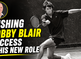 Black-and-white tennis action image with the bold headline 'WISHING BOBBY BLAIR SUCCESS IN HIS NEW ROLE' and a circular portrait of Bobby Blair in the top-left with a yellow border.