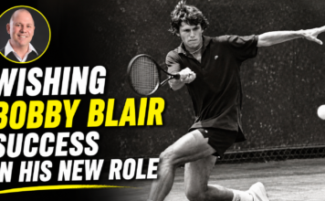 Wishing Bobby Blair Success in His New Role Black-and-white tennis action image with the bold headline 'WISHING BOBBY BLAIR SUCCESS IN HIS NEW ROLE' and a circular portrait of Bobby Blair in the top-left with a yellow border.