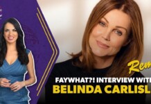 REMIX: Interview with Belinda Carlisle Promotional video thumbnail: two women, one in a blue dress on the left and a close-up portrait on the right, with a purple geometric panel in between and bold 'Remix' text at the bottom right.