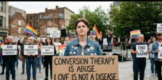 Young protester in a denim jacket holds a sign: ‘Conversion therapy is abuse. Love is not a disease.’ Rainbow flags and supporters behind.