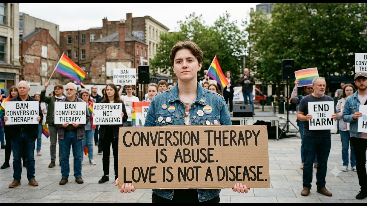 Young protester in a denim jacket holds a sign: ‘Conversion therapy is abuse. Love is not a disease.’ Rainbow flags and supporters behind.