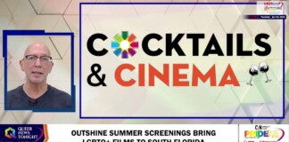 Host seen on the left of a TV broadcast screen with a large 'Cocktails & Cinema' graphic on the right and a bottom caption about LGBTQ+ film screenings in South Florida.