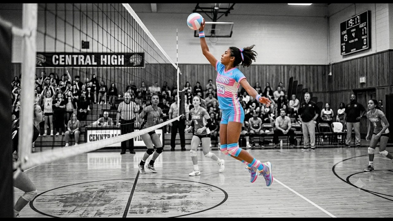 Girl volleyball player in a blue-pink uniform leaps to spike the ball over the net during a match at Central High, with a crowded gym in the background.