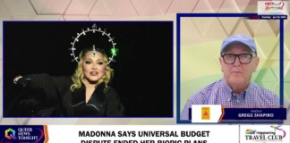 TV news screenshot: Madonna wearing a jeweled halo on the left and a man named Gregg Shapiro on the right, with a headline about Madonna ending her biopic plans.