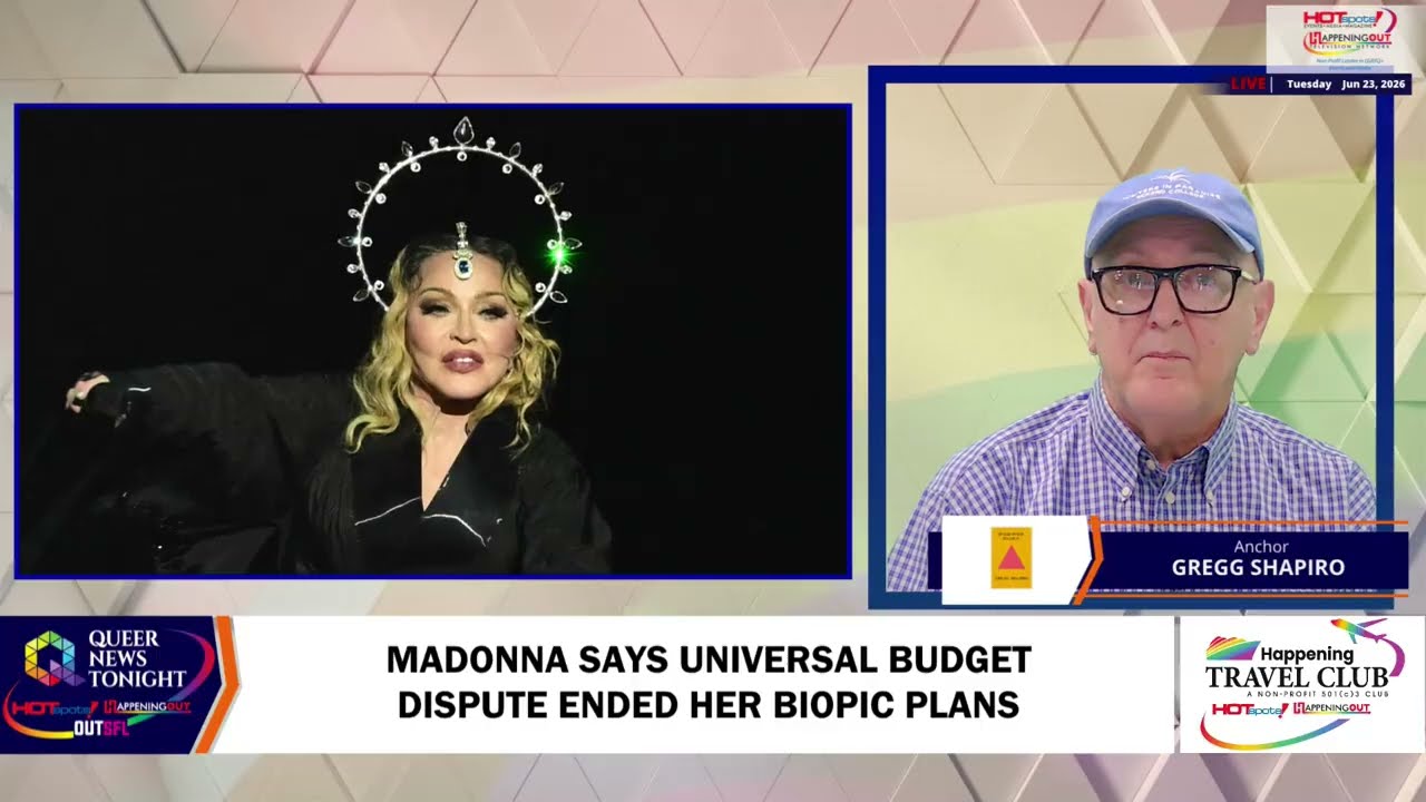 TV news screenshot: Madonna wearing a jeweled halo on the left and a man named Gregg Shapiro on the right, with a headline about Madonna ending her biopic plans.