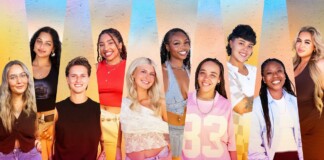 Group of diverse young women smiling together against a colorful striped mural background (vibrant, urban group portrait).