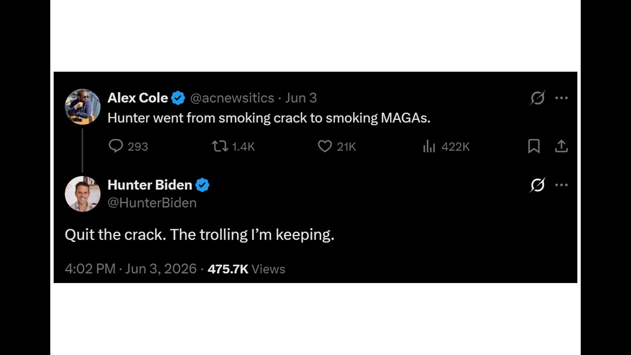 Twitter thread screenshot: Alex Cole posts 'Hunter went from smoking crack to smoking MAGAs.' Hunter Biden replies 'Quit the crack. The trolling I’m keeping.'