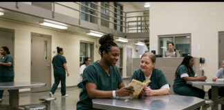 Two female inmates in green scrubs share a book and chat at a metal cafeteria table.