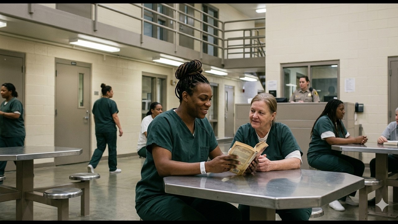 Two female inmates in green scrubs share a book and chat at a metal cafeteria table.