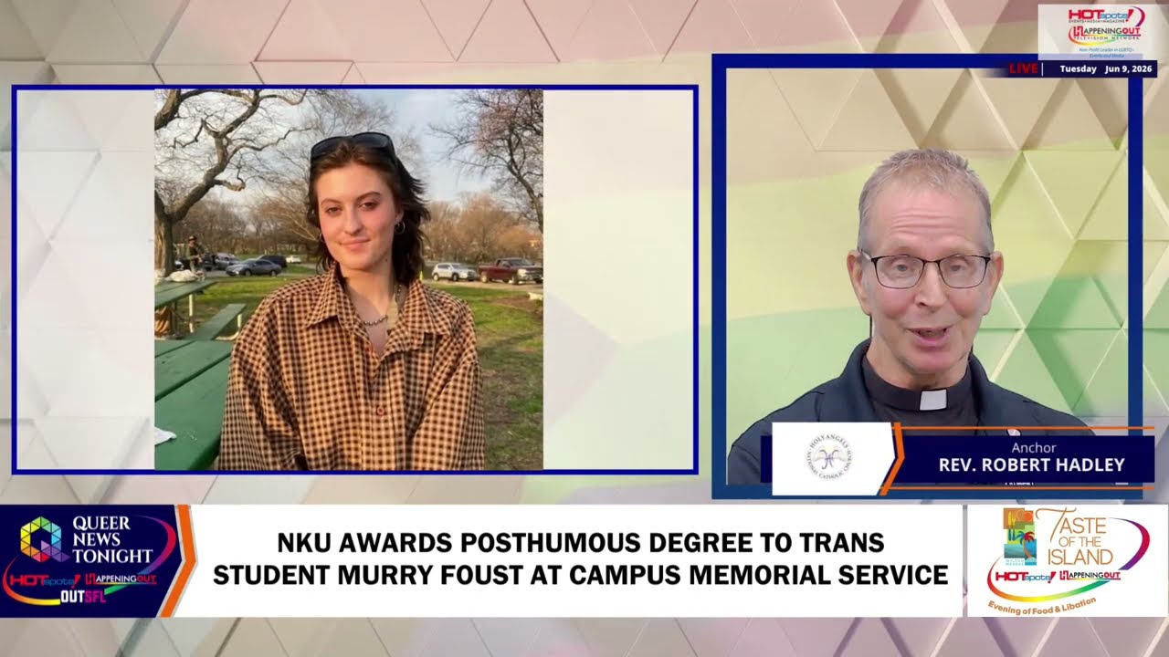 Split-screen news interview: left panel shows a young woman outdoors at a park; right panel shows Rev. Robert Hadley in a studio speaking into the camera.