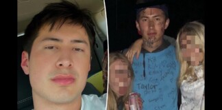 Two-panel image: left shows a close-up of a young man in a car; right shows the same man wearing a blue jumpsuit with writing, flanked by two women with pixelated faces at night.